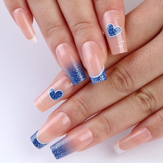 Romantic Ocean Bliss Medium Square Blue Ombr√© Glitter Nail Set with Heart Accents