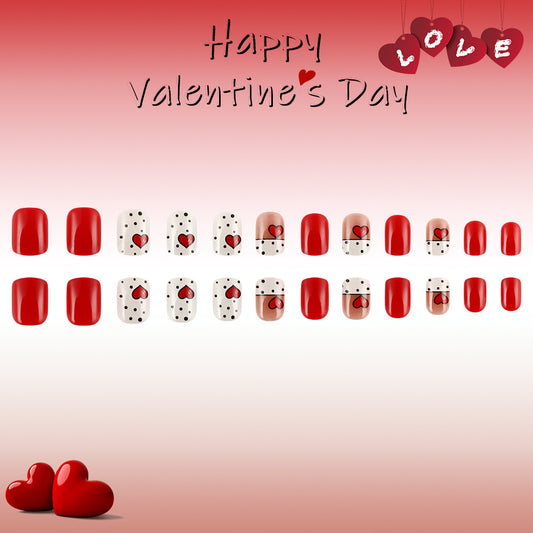 Romantic Love Inspired Short Square Red and White Hearts Press-On Nail Set for Valentine’s Day
