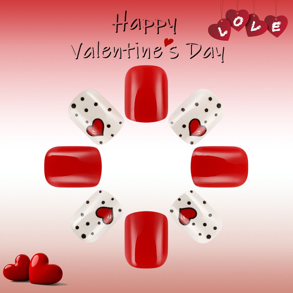 Romantic Charm Red Short Square Nail Set with Heart Design and Polka Dots
