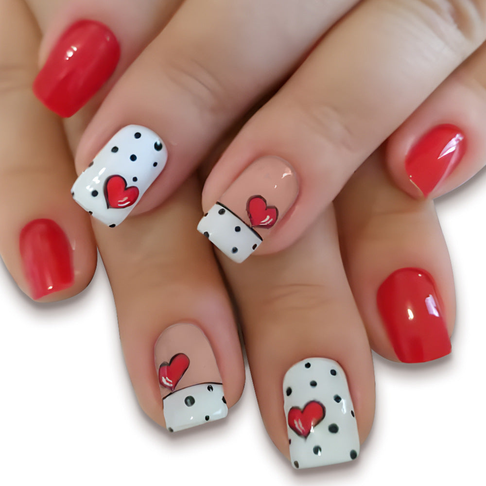 Charming Love Theme Short Square Red and White Polka Dot Nails with Heart Design