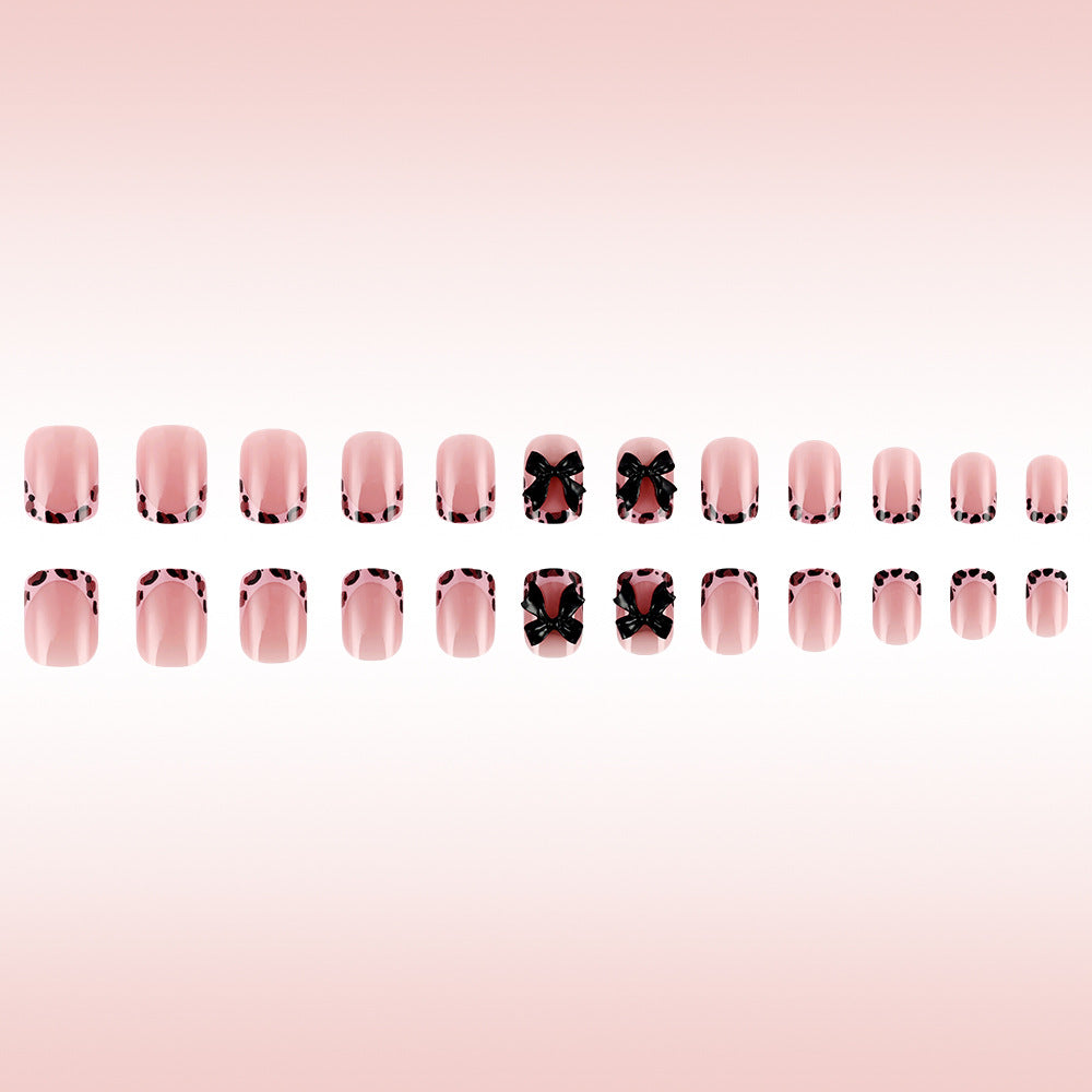 Chic Elegance Short Squoval Soft Pink with Bow and Leopard Accent Press On Nail Set
