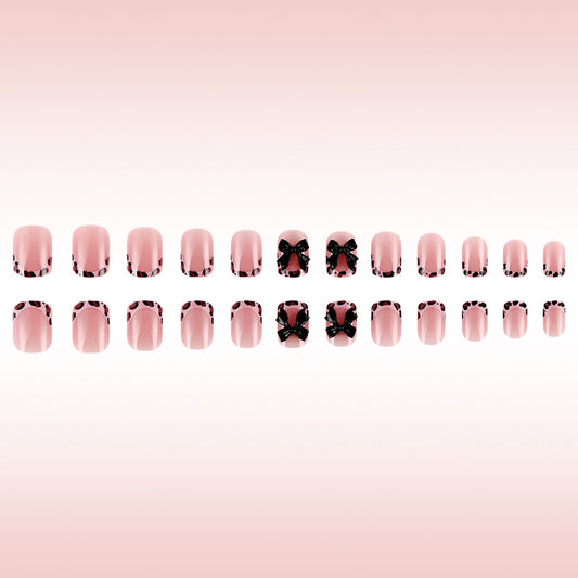 Chic Elegance Short Squoval Soft Pink with Bow and Leopard Accent Press On Nail Set