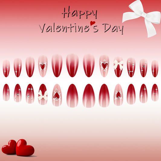 Romantic Heartfelt Elegance Short Almond Red Ombre with Cute Hearts and Bows Press-On Nail Set
