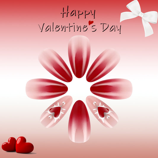 Romantic Elegance Short Almond Gradient Red Press On Nail Set with Heart Design