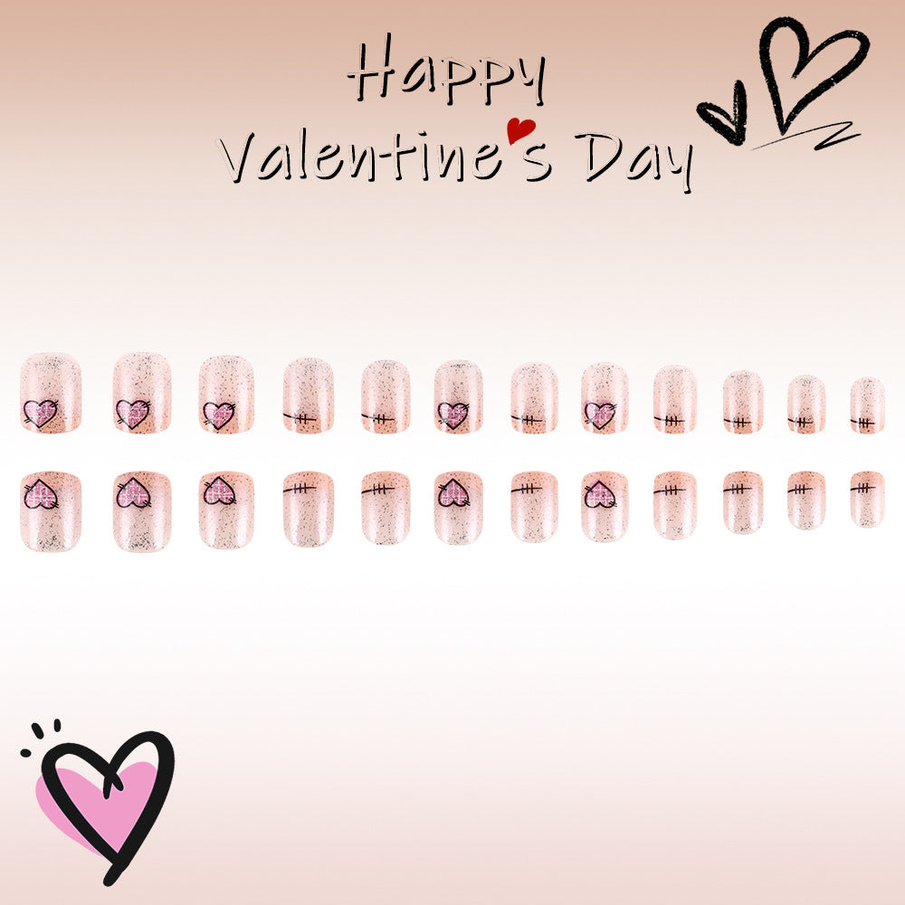 Dreamy Romance Press On Nail Set in Short Square Soft Pink with Adorable Heart Design