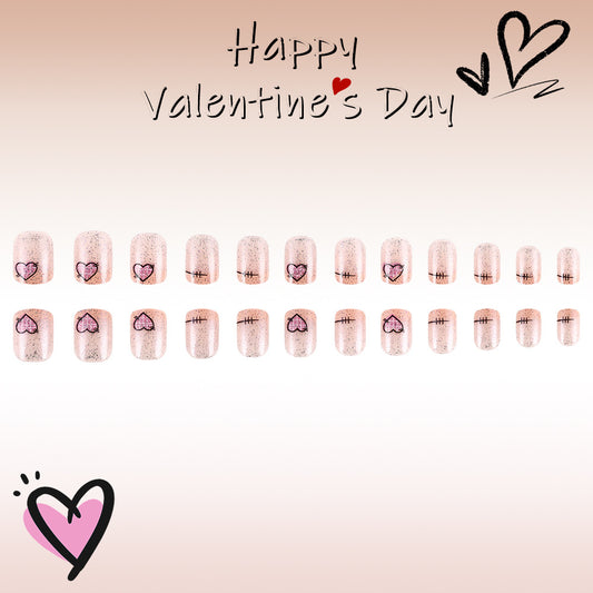 Dreamy Romance Press On Nail Set in Short Square Soft Pink with Adorable Heart Design