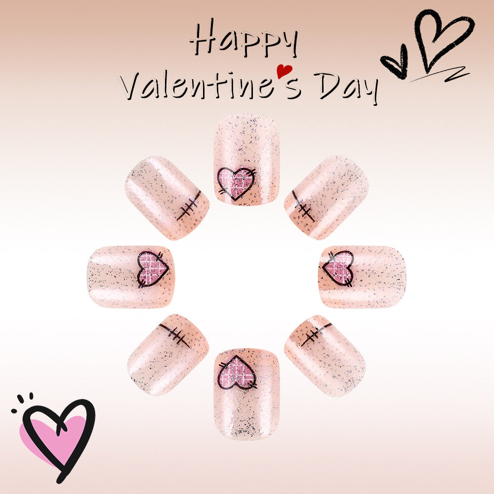 Romantic Heartfelt Short Square Press-On Nail Set in Blush Pink with Sparkling Glitter Finish