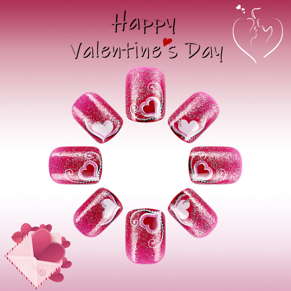Valentine's Bliss Heart Short Square Shaped Short Pink Glitter Press On Nail Set with Charming Heart Designs