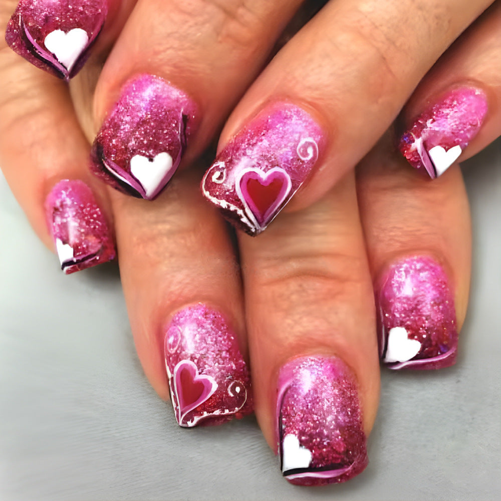 Romantic Glow Short Square Pink Glitter Press On Nail Set with Heart Designs