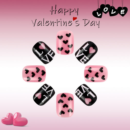 Romantic Heartfelt Design Short Squoval Pink and Black Nail Set Featuring Cute Love Expressions