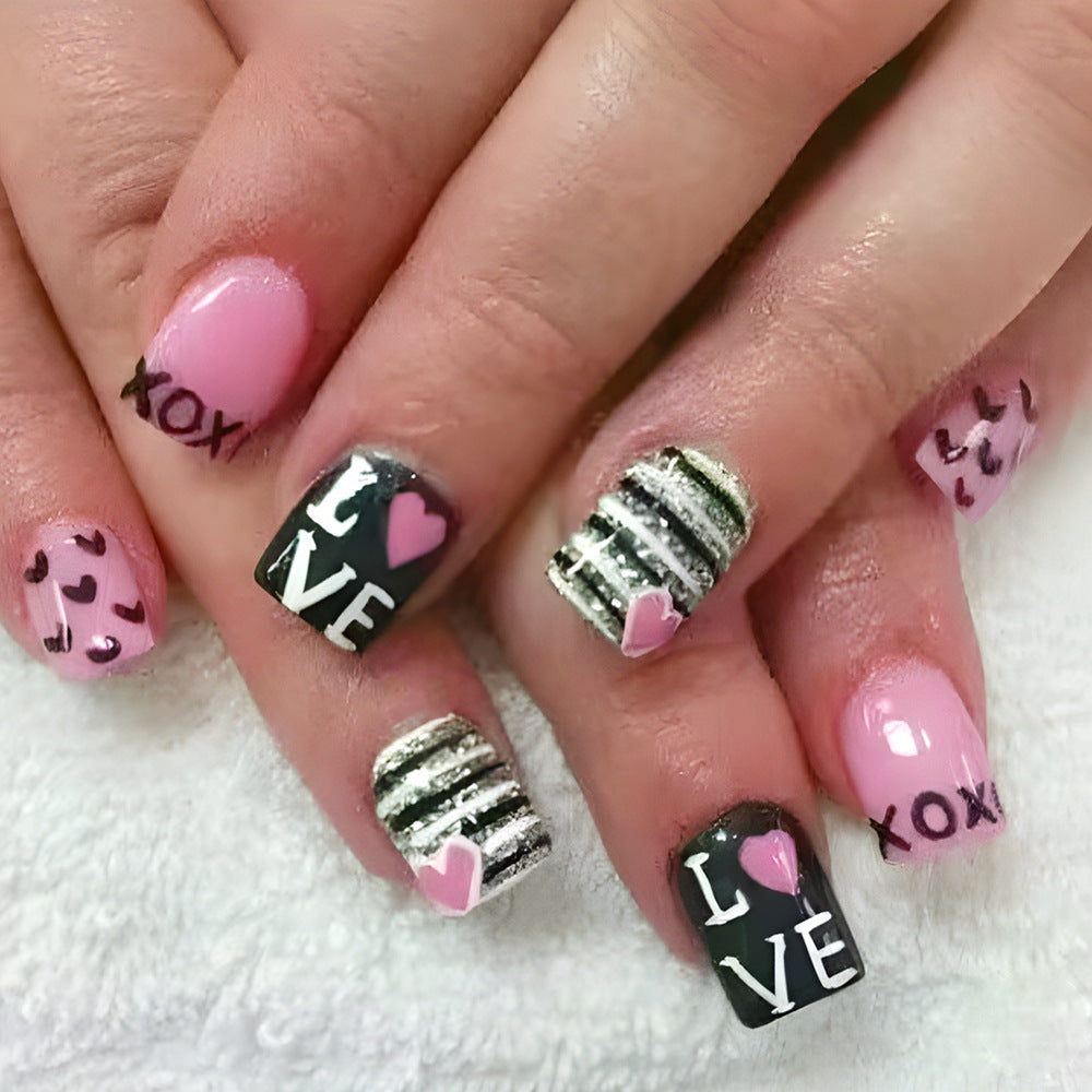 Romantic Heartfelt Short Square Pink and Black Press On Nail Set with Glitter Accents
