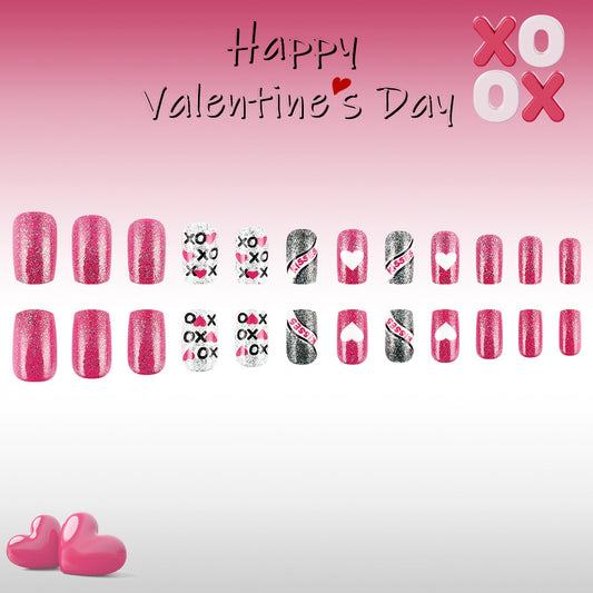 Romantic Heartfelt Pink Glitter Medium Square Press On Nail Set with Adorable Kiss and Love Designs