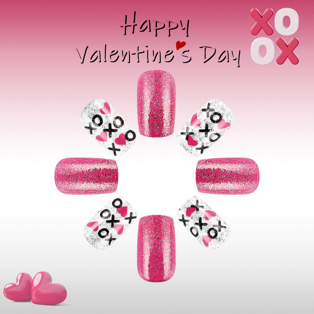 Valentine's Day Delight Medium Square Pink and White Glittery Press-On Nail Set with Adorable Heart and XOXO Design