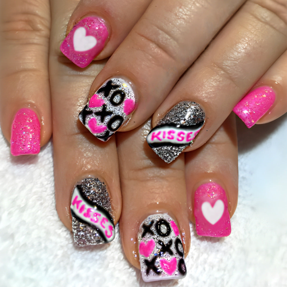 Sweet Romance Glittery ShortSquare Pink and Silver Press On Nail Set with Heart and Kiss Designs