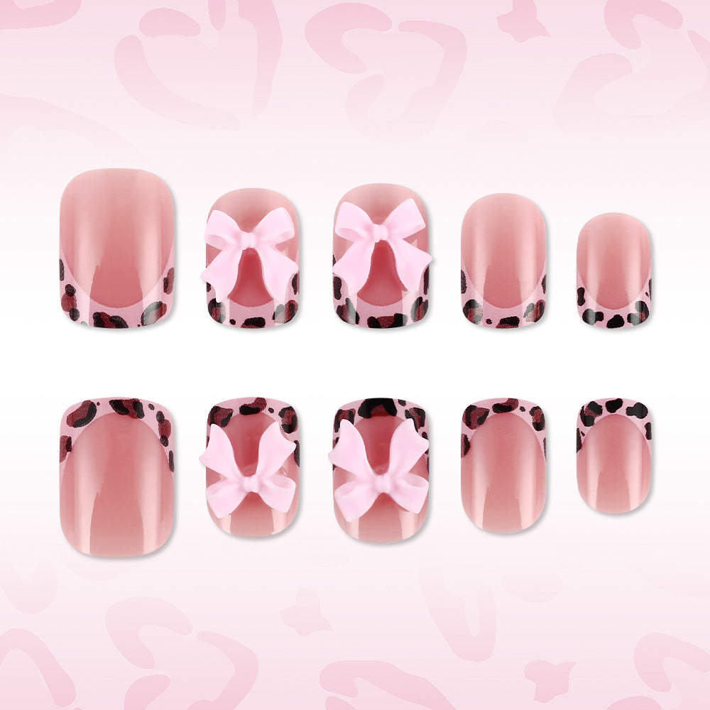 Chic Leopard Print Short Square Pink with Charming Bow Press-On Nail Set