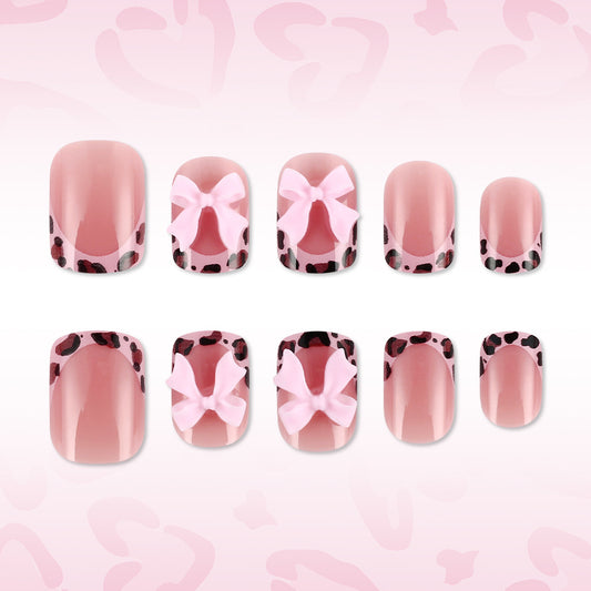 Chic Leopard Print Short Square Pink with Charming Bow Press-On Nail Set