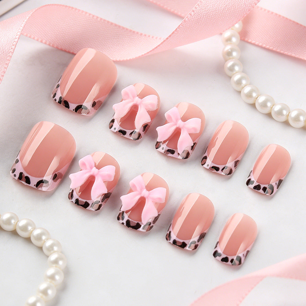 Charming Vintage Inspiration Short Square Pink with Leopard Print and Bow Nail Set