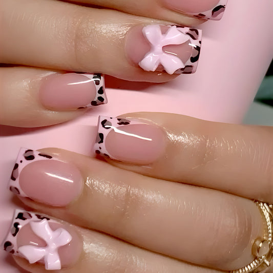 Charming Safari Elegant Short Square Pink and Black Leopard Press-On Nail Set with Bow Detail