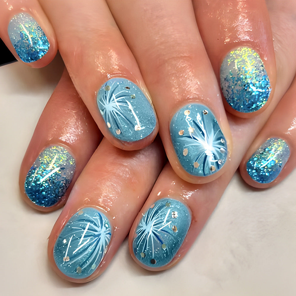Sparkling Ocean Dreams Short Oval Shimmering Blue Glitter Press On Nail Set with Dazzling Firework Accents