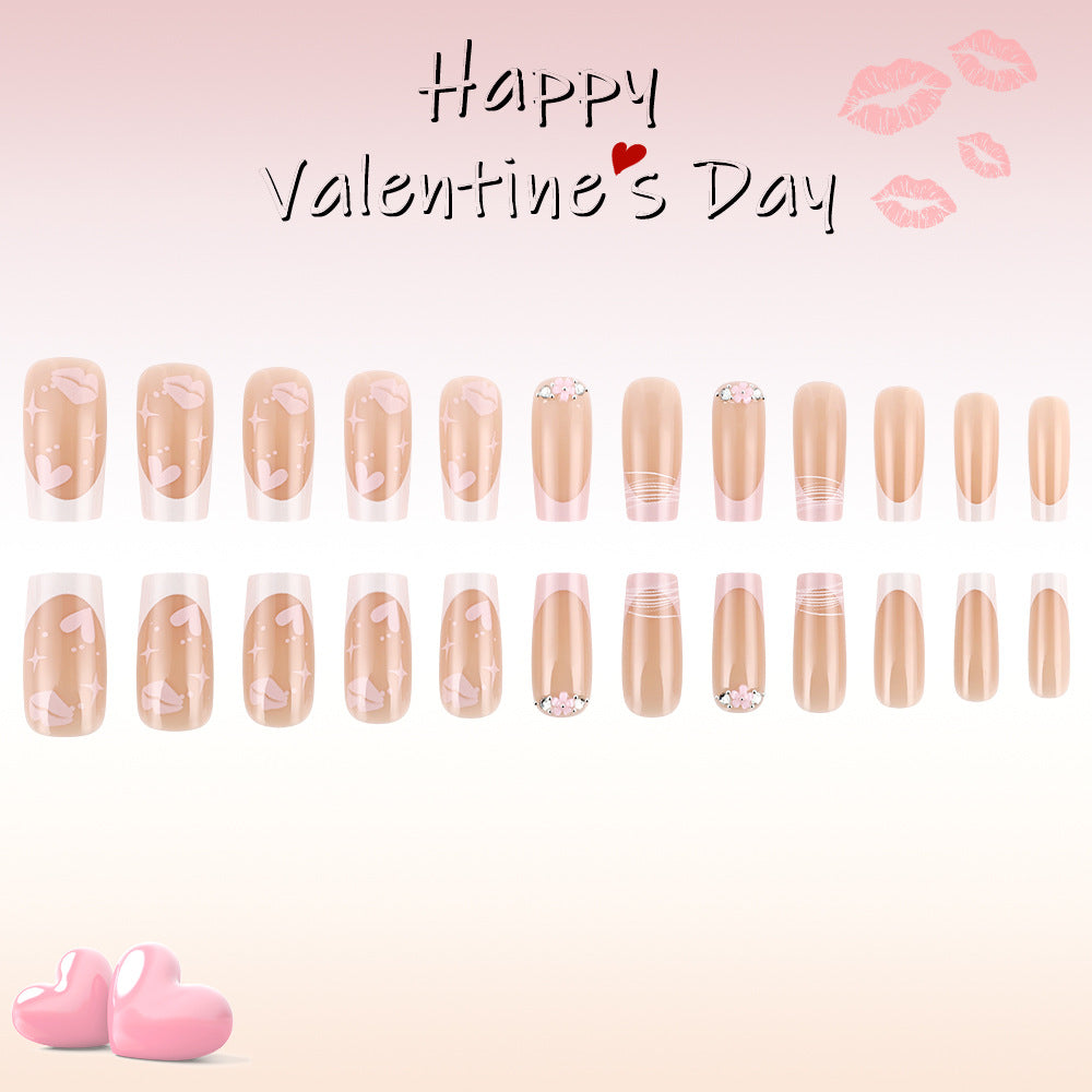 Love Inspired Heart-Shaped Medium Square Beige and Pink Press-On Nail Set with Floral Accents