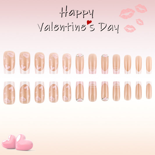 Love Inspired Heart-Shaped Medium Square Beige and Pink Press-On Nail Set with Floral Accents