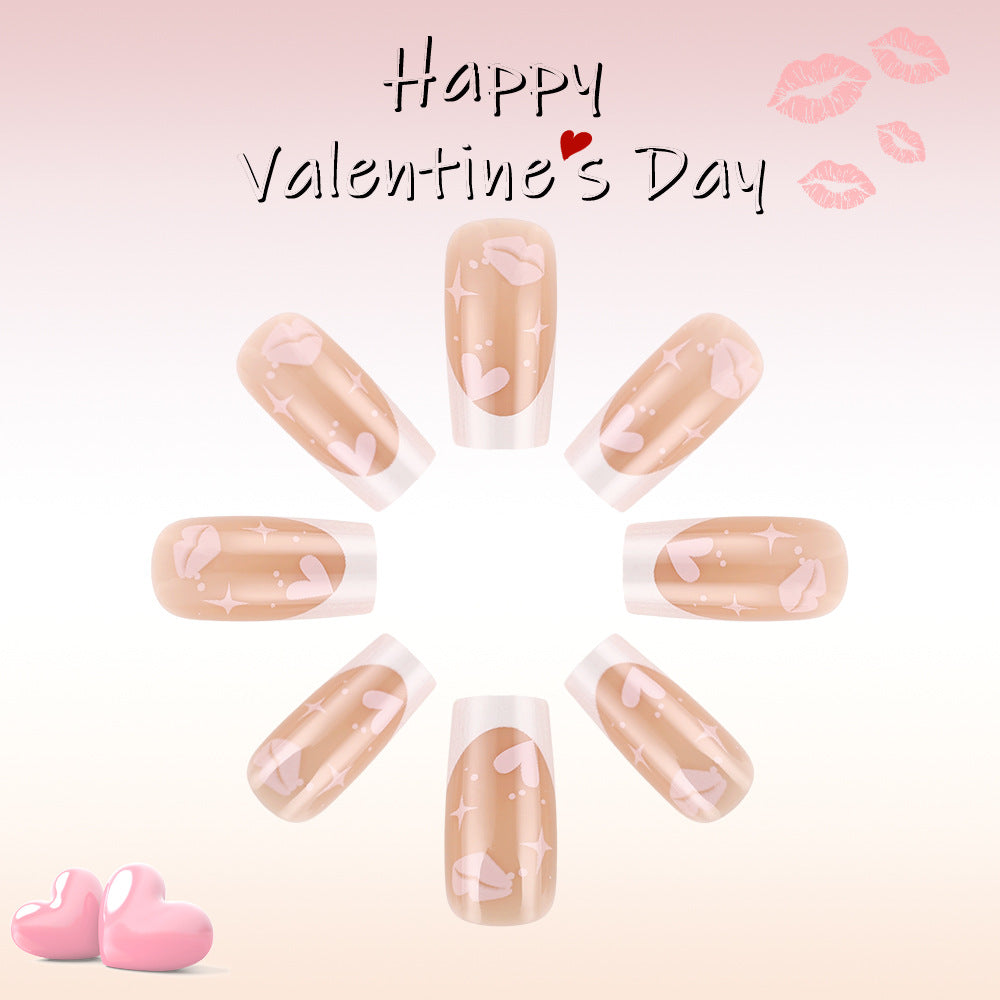 Romantic Hearts Press-On Nail Set Stylish Medium Square Beige with Pink Kiss Design and Sparkling Accents