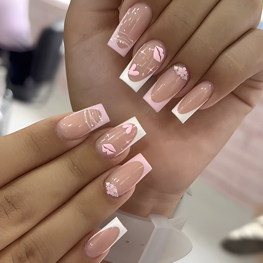 Romantic Charm Medium Square Pink Press On Nail Set with Floral and Heart Accents