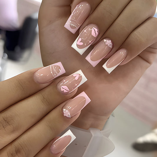 Romantic Charm Medium Square Pink Press On Nail Set with Floral and Heart Accents