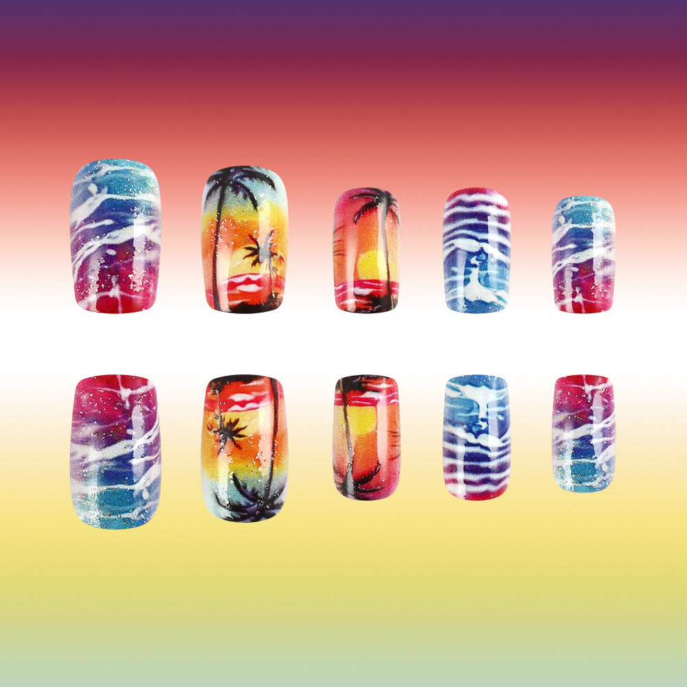 Tropical Sunset Inspired Medium Square Multi-Colored Press On Nail Set with Unique Hand-Painted Beach Scene Design