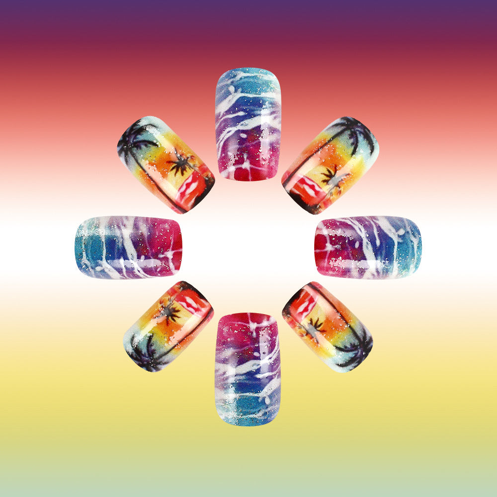 Tropical Paradise Short Square Colorful Ombre Design with Glitter Finish Press-On Nail Set