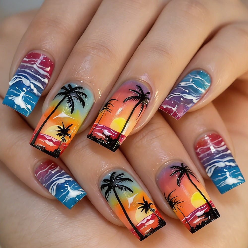 Sunset Paradise Medium Square Press On Nails in Vibrant Multicolor with Tropical Beach Artwork
