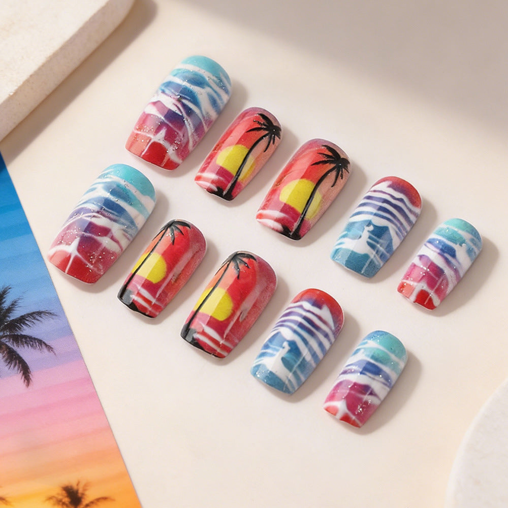 Tropical Sunset Inspired Medium Square Multicolored with Vibrant Beach Scene Design Press On Nail Set