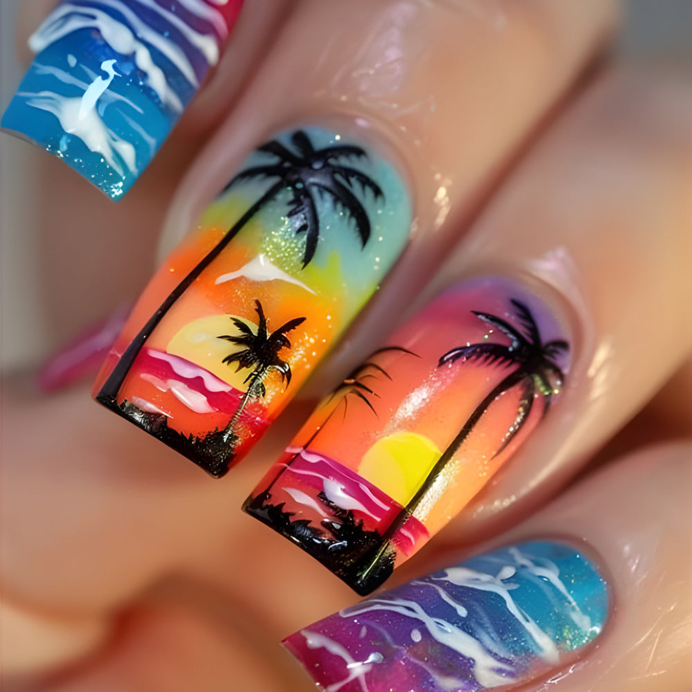 Tropical Paradise Medium Square Colorful Sunset Beach Scene Press On Nail Set