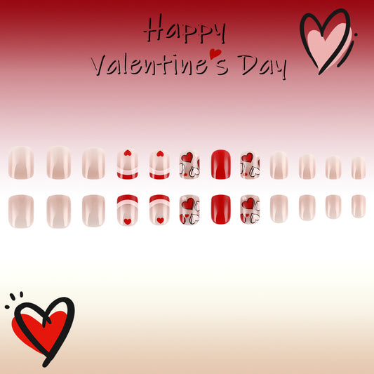 Romantic Heartfelt Red Short Square Press on Nail Set Featuring Charming Love Designs