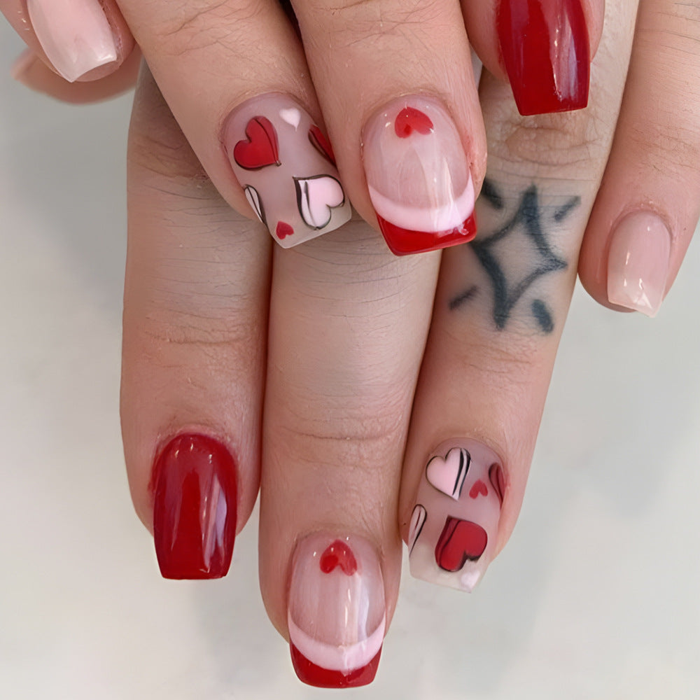 Romantic Heartfelt Glossy Red Short Square Press On Nail Set with Charming Heart Designs