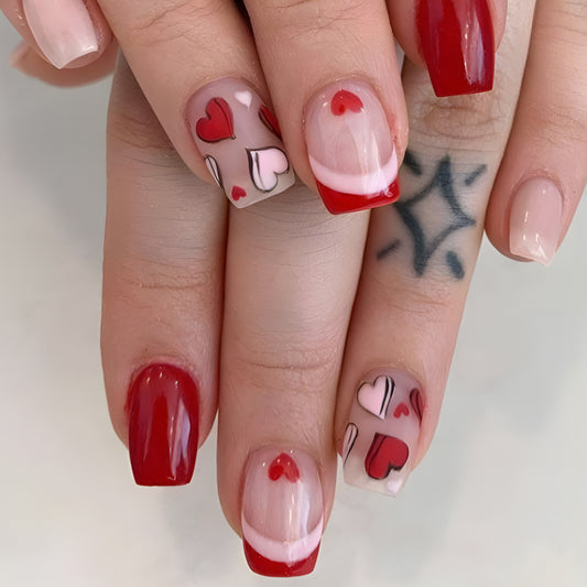 Romantic Heartfelt Glossy Red Short Square Press On Nail Set with Charming Heart Designs