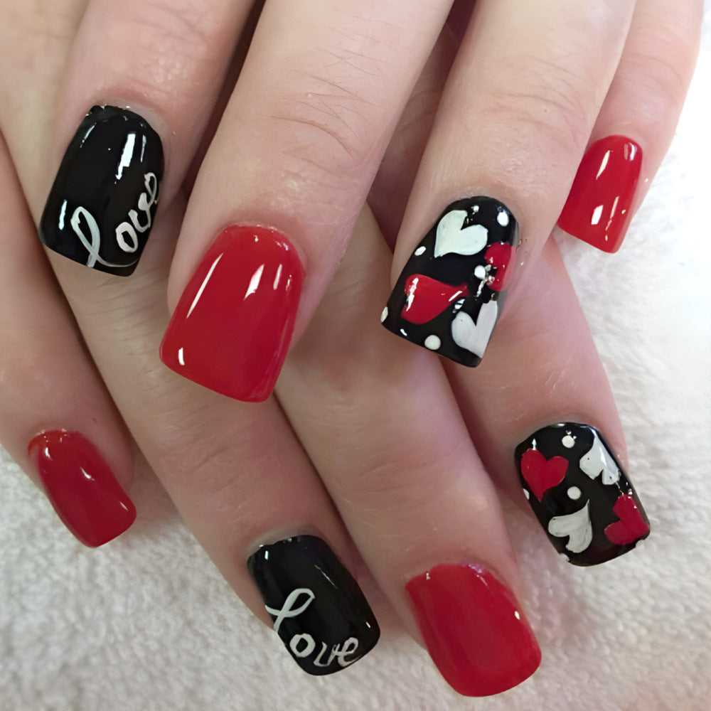 Romantic Heartbeat Short Square Glossy Red and Black Nail Set with Whimsical Love Design