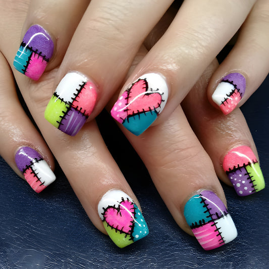 Heartfelt Stitches Short Square Pastel Press On Nail Set with Artistic Patchwork Design