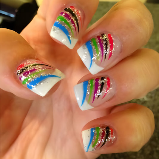 Vibrant Rainbow Dream Short Square Press On Nail Set Featuring Colorful Glitter Stripes
