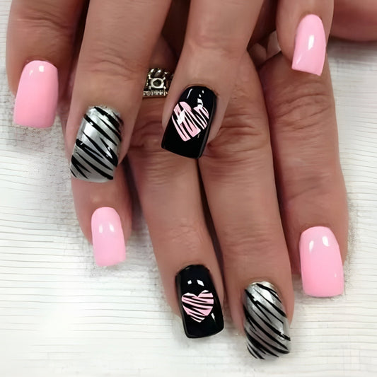 Love Stripes Elegant Short Square Pink and Black Nails with Heart and Striped Accent Features