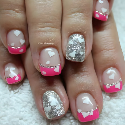 Romantic Heart Theme Short Square Pink and Silver Press on Nail Set with Glitter and Heart Accents