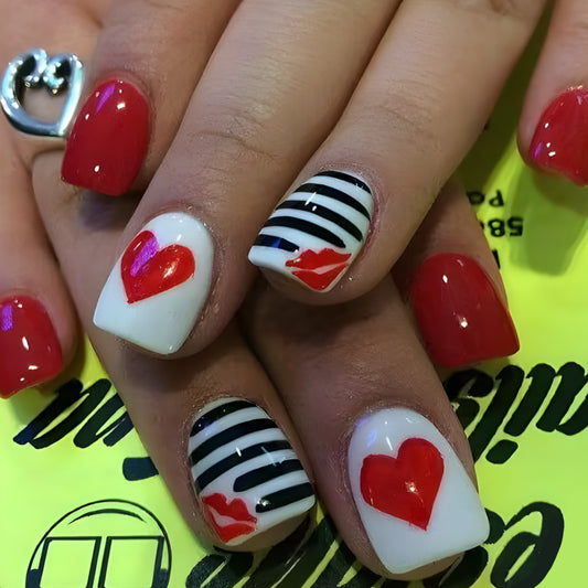 Romantic Heartbeat Short Square Red and White Striped Nail Set Featuring Kiss Print Design
