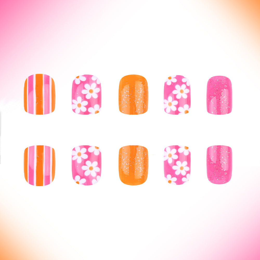 Tropical Paradise Short Square Pink and Orange Press On Nail Set with Floral and Glitter Accents