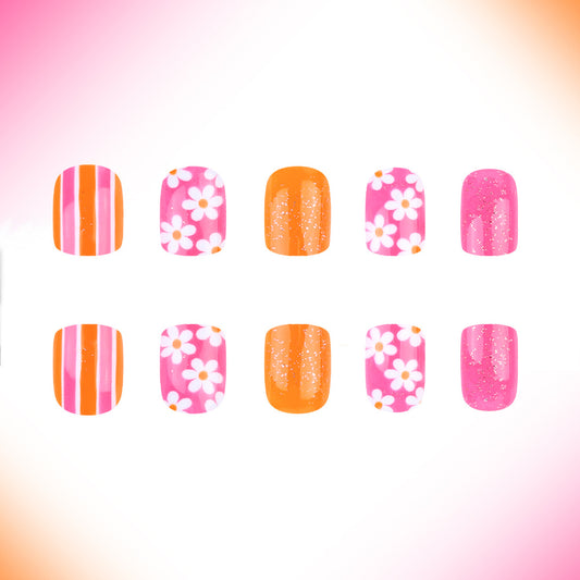 Tropical Paradise Short Square Pink and Orange Press On Nail Set with Floral and Glitter Accents