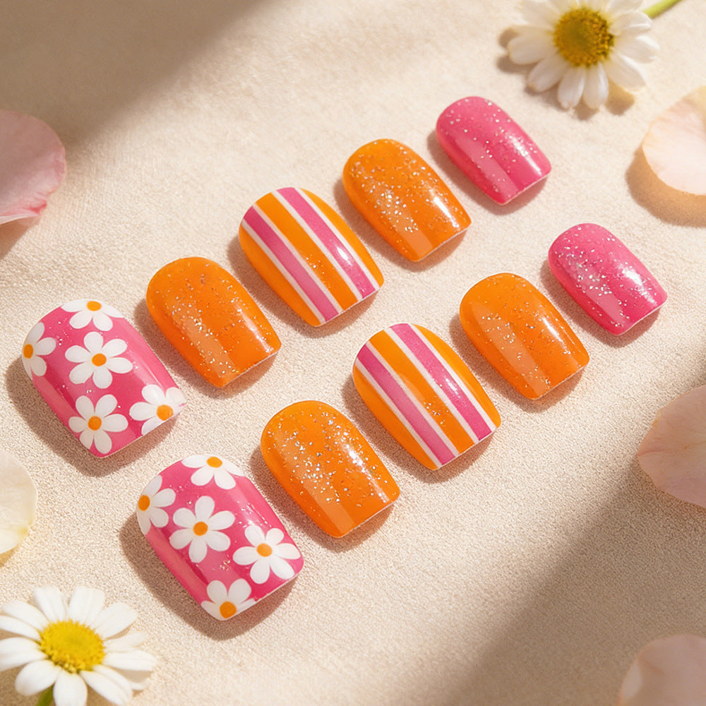 Sunny Garden Vibes Short Square Orange Pink Floral Glittery Press On Nail Set