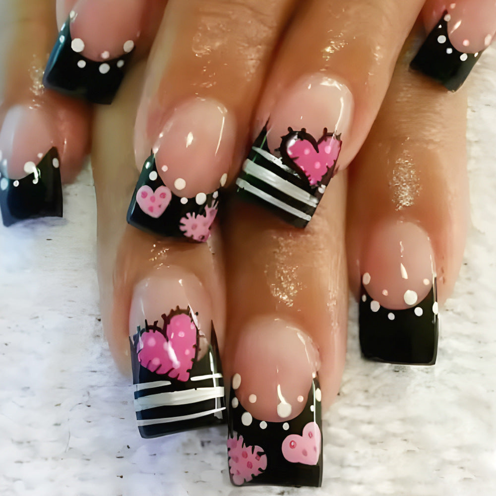 Chic Romance Medium Square Black and Pink Heart Design Press On Nail Set with Glossy Finish