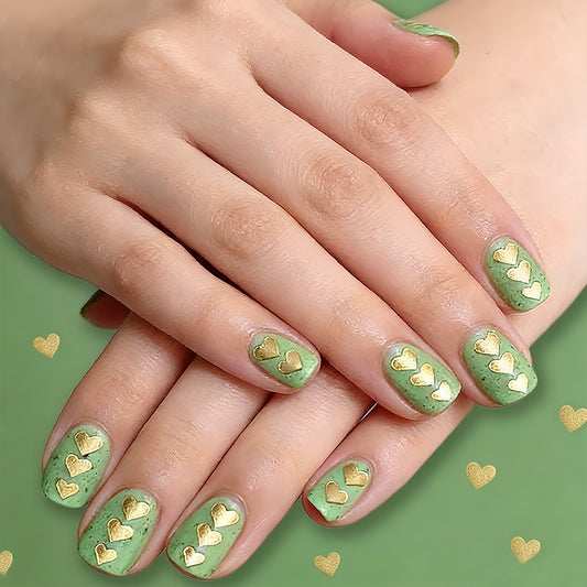Heartfelt Serenity Green Medium Square Press-On Nail Set with Stunning Gold Heart Accents