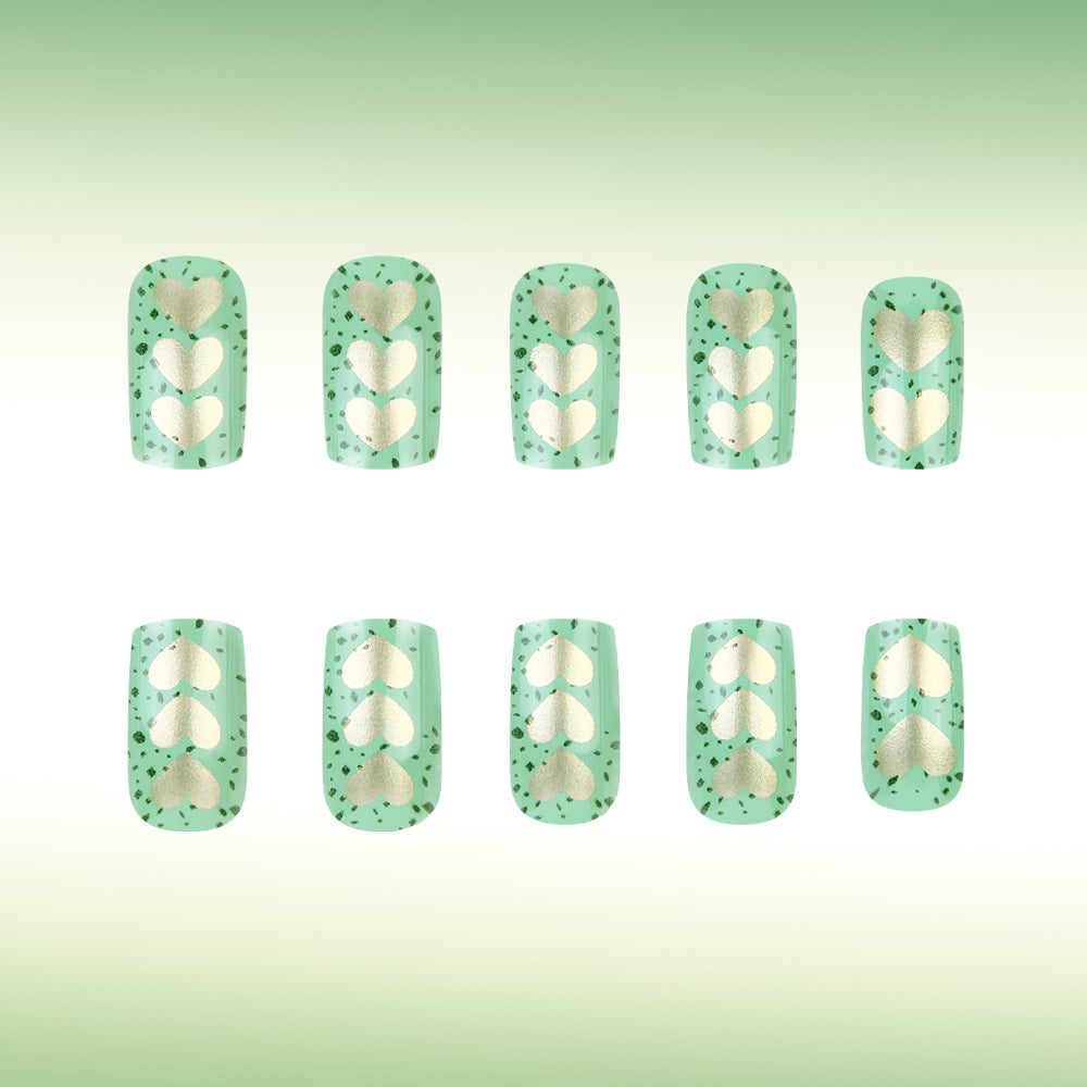 Whimsical Forest Dream Medium Square Mint Green with Golden Heart Cutouts Press-On Nail Set