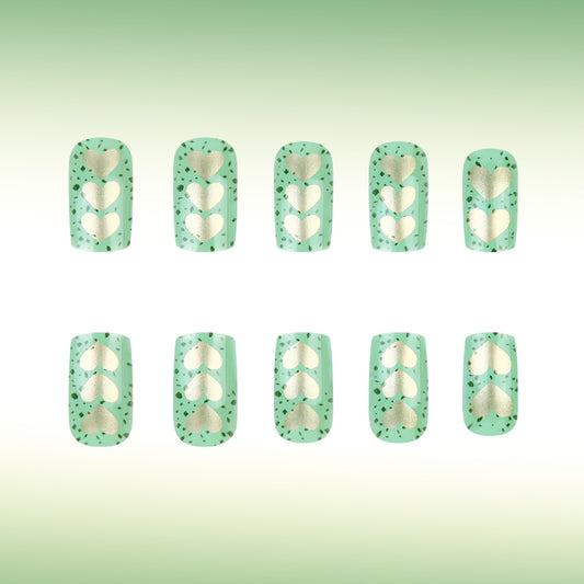 Whimsical Forest Dream Medium Square Mint Green with Golden Heart Cutouts Press-On Nail Set