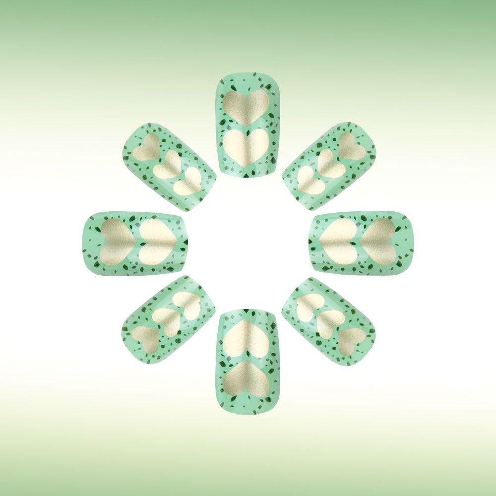 Whimsical Heartfelt Charm Medium Square Mint Green with Elegant Gold Heart Accents Nail Press Set